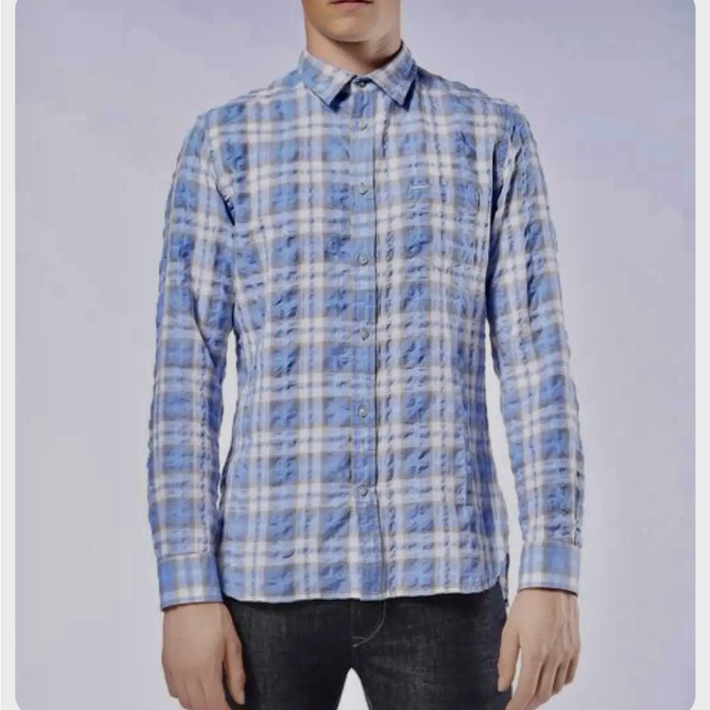 Diesel Men's Button Up Shirt S-OASIS Long Sleeve Blue Plaid Size Small
